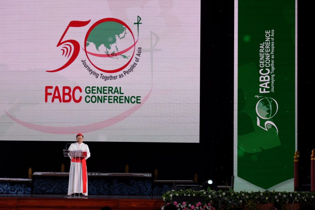 Cardinal Charles Maung Bo of Yangong, president of the Federation of Asian Bishops’ Conferences, standing on stage at FABC50